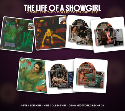 The Life Of A Showgirl 7-CD Collector's Gift Set — all seven Taylor Swift CD editions displayed together: Rapturous Edition, Frightening Edition, Alone In My Tower Acoustic Version, Dressing Room Rehearsal Version, Life Is A Song Acoustic Version, So Glamorous Cabaret Version, and the Sweat and Vanilla Perfume Edition