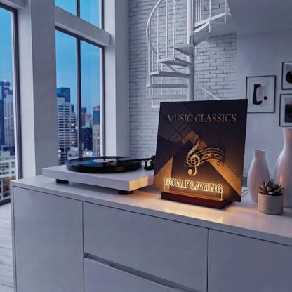 Now Playing vinyl album stand with LED lit